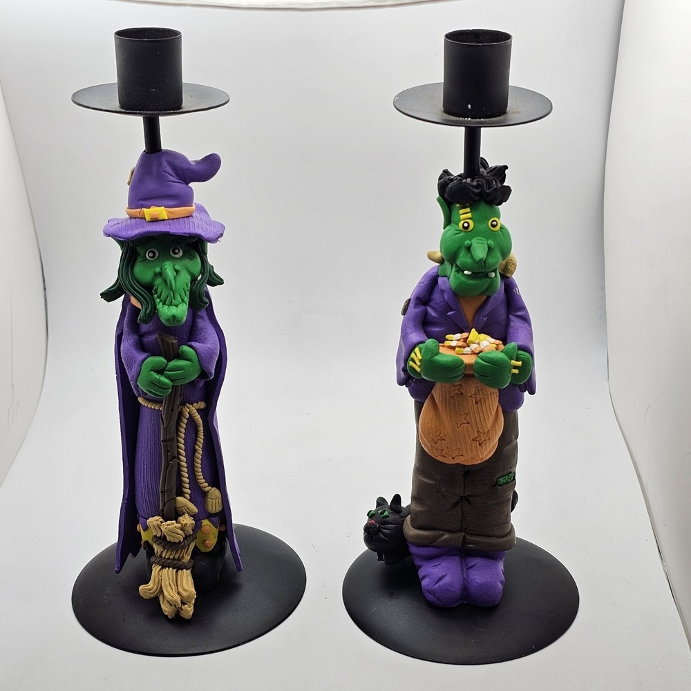 Halloween Candlestick Holders Witch & Frankenstein Polymer Clay 9.0" Cute Spooky
